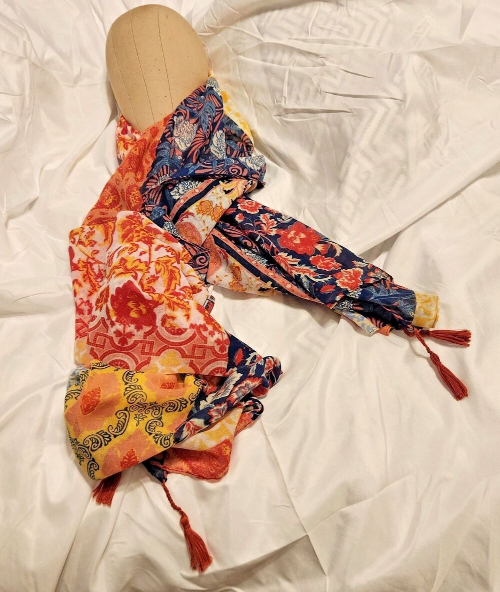 Boho Patchwork Floral Scarf Multicolor Tassel Lightweight Shawl Wrap